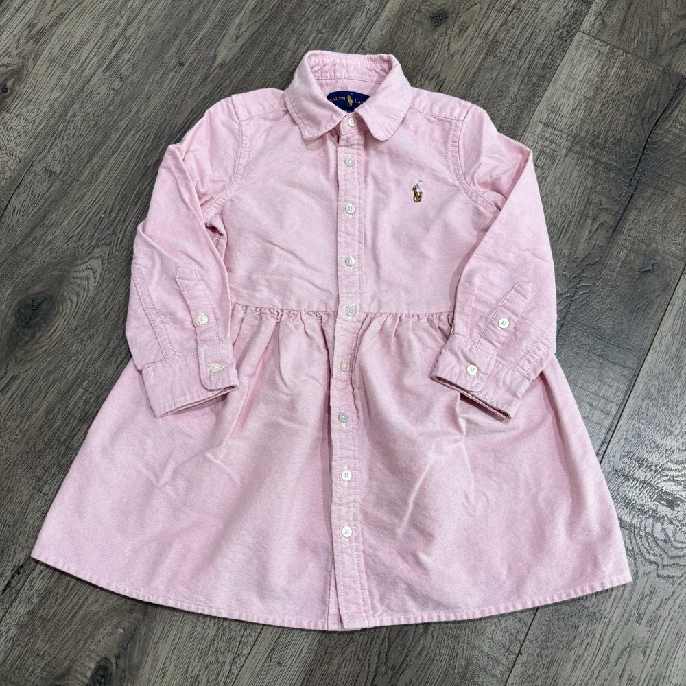 Ralph Lauren Shirt Dress Girls 3T Pink Cotton Collared Button Front Pony Logo
